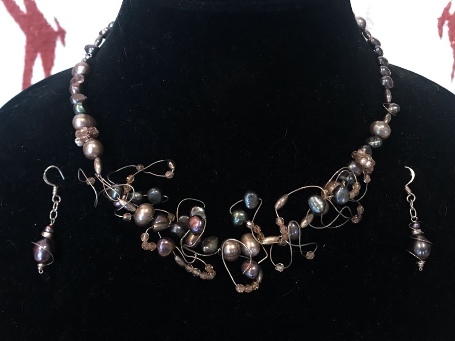 Artisan Hand Made Sterling Silver Tahitian Pearl Necklace And Matching Earrings By Muse IX By Lynda Caris [Photo 1]