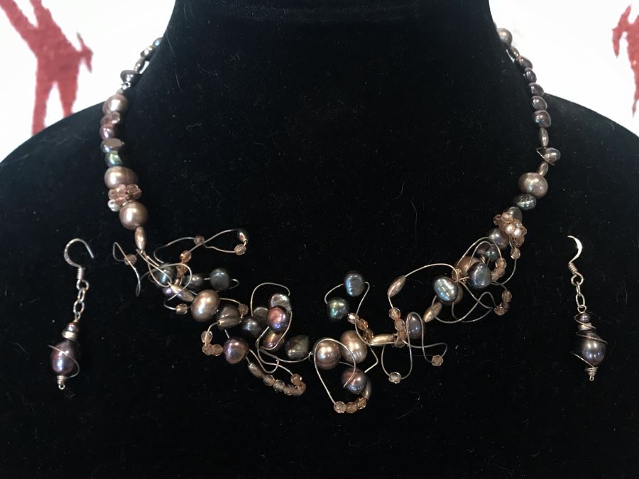 Artisan Hand Made Sterling Silver Tahitian Pearl Necklace And Matching Earrings By Muse IX By Lynda Caris [Photo 3]