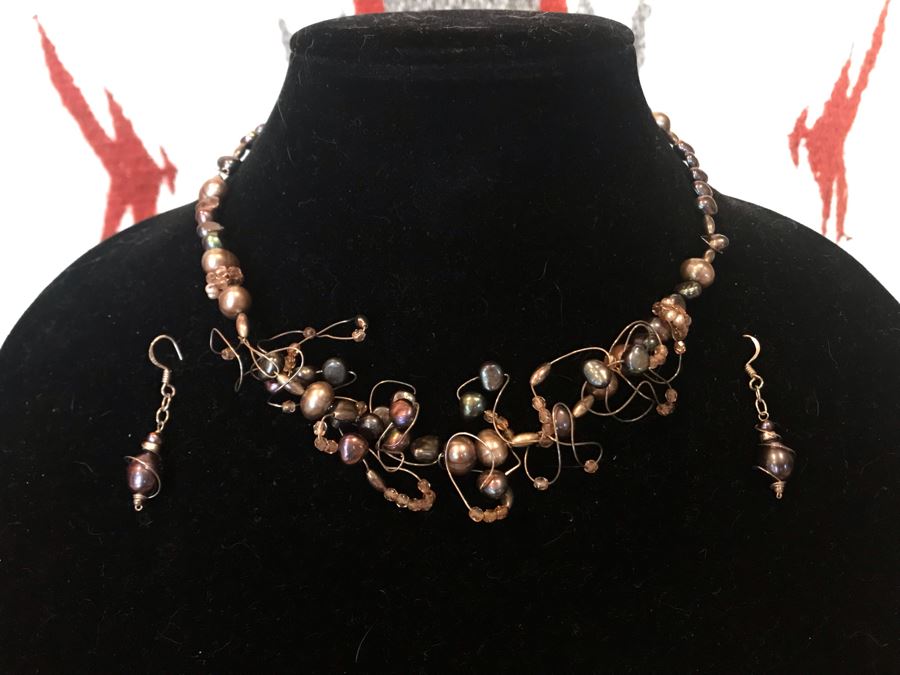 Artisan Hand Made Sterling Silver Tahitian Pearl Necklace And Matching Earrings By Muse IX By Lynda Caris [Photo 2]