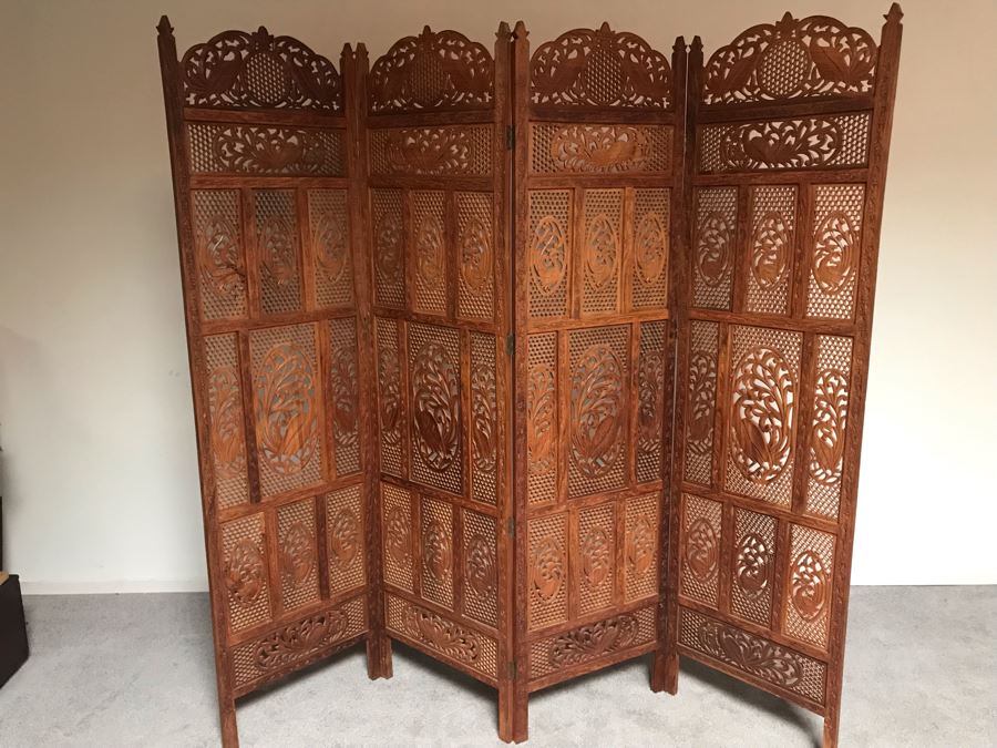 JUST ADDED - Vintage Hand Carved Wooden 4-Panel Hinged Room Divider Screen With Peacocks 6'H X 80'W [Photo 1]