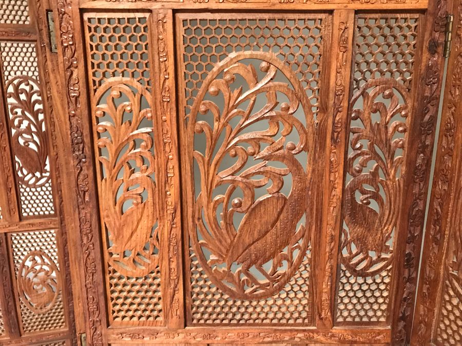 JUST ADDED - Vintage Hand Carved Wooden 4-Panel Hinged Room Divider Screen With Peacocks 6'H X 80'W [Photo 6]