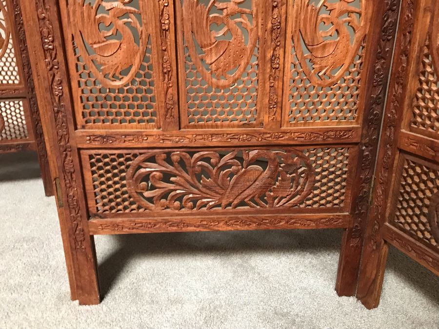 JUST ADDED - Vintage Hand Carved Wooden 4-Panel Hinged Room Divider Screen With Peacocks 6'H X 80'W [Photo 9]