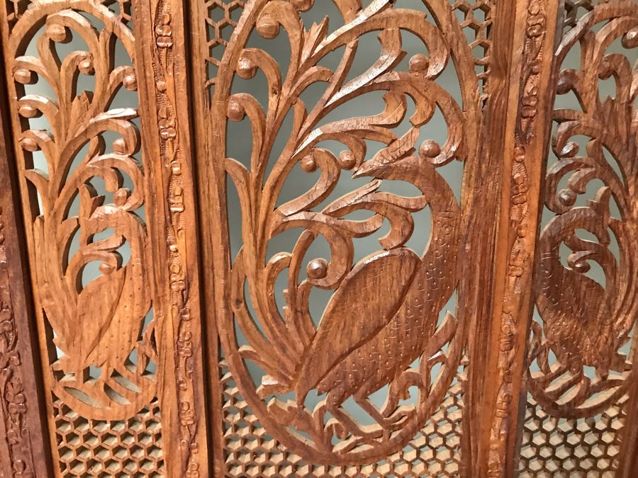 JUST ADDED - Vintage Hand Carved Wooden 4-Panel Hinged Room Divider Screen With Peacocks 6'H X 80'W [Photo 7]