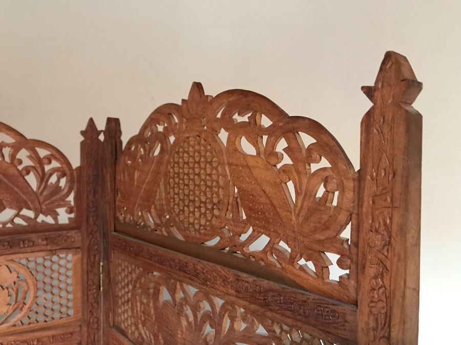 JUST ADDED - Vintage Hand Carved Wooden 4-Panel Hinged Room Divider Screen With Peacocks 6'H X 80'W [Photo 10]