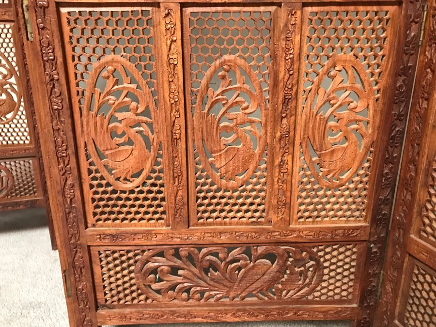 JUST ADDED - Vintage Hand Carved Wooden 4-Panel Hinged Room Divider Screen With Peacocks 6'H X 80'W [Photo 8]