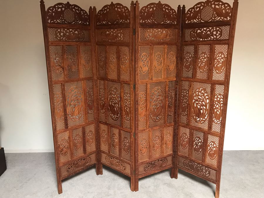 JUST ADDED - Vintage Hand Carved Wooden 4-Panel Hinged Room Divider Screen With Peacocks 6'H X 80'W [Photo 11]