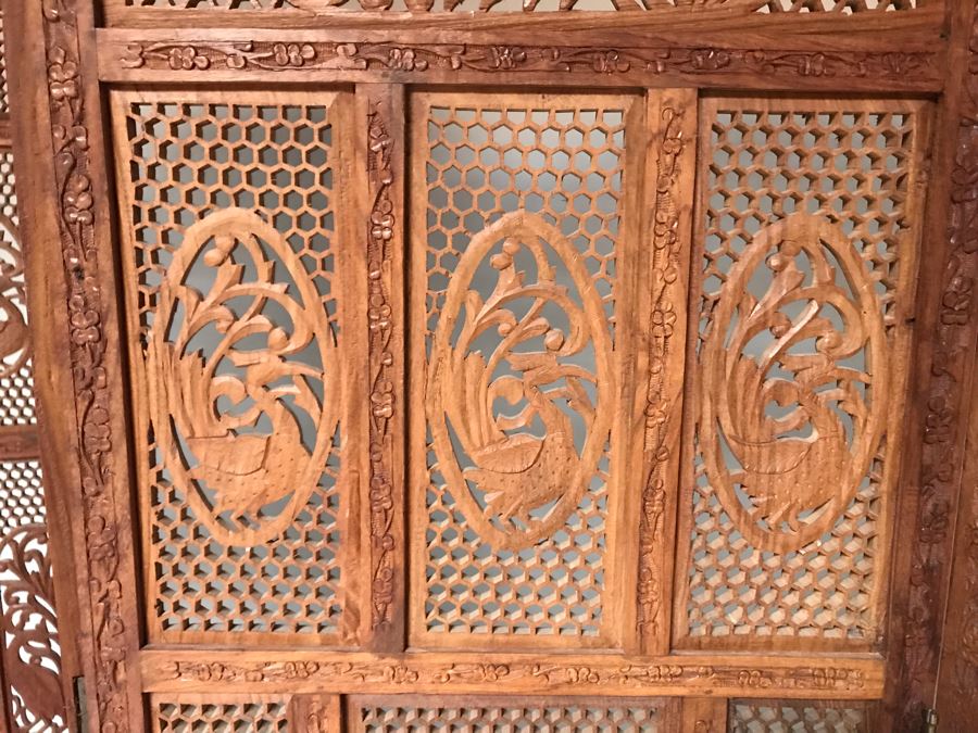 JUST ADDED - Vintage Hand Carved Wooden 4-Panel Hinged Room Divider Screen With Peacocks 6'H X 80'W [Photo 5]