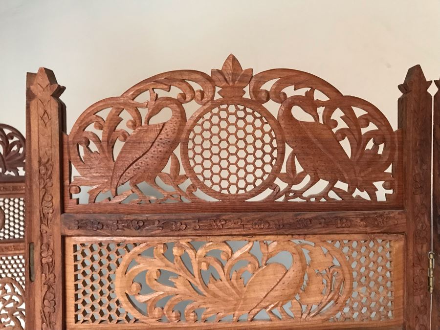 JUST ADDED - Vintage Hand Carved Wooden 4-Panel Hinged Room Divider Screen With Peacocks 6'H X 80'W [Photo 3]