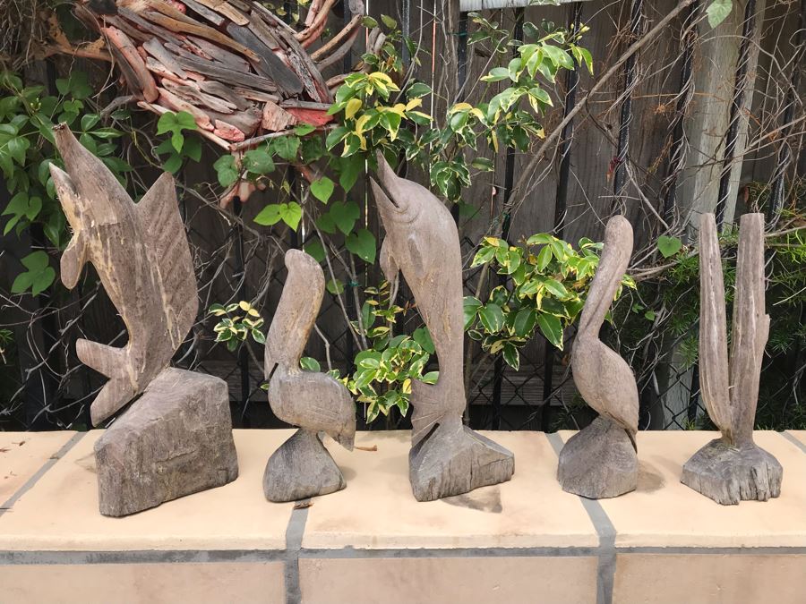 Collection Of Carved Wooden Sculptures: Pelicans, Dolphin, Sailfish And Cactus 14H-20H [Photo 1]