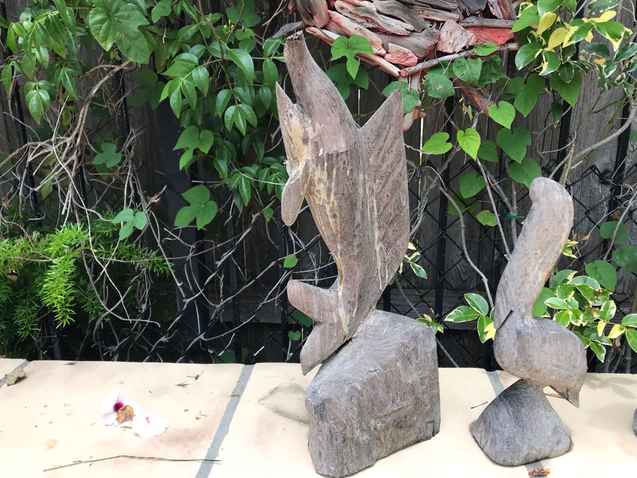 Collection Of Carved Wooden Sculptures: Pelicans, Dolphin, Sailfish And Cactus 14H-20H [Photo 4]