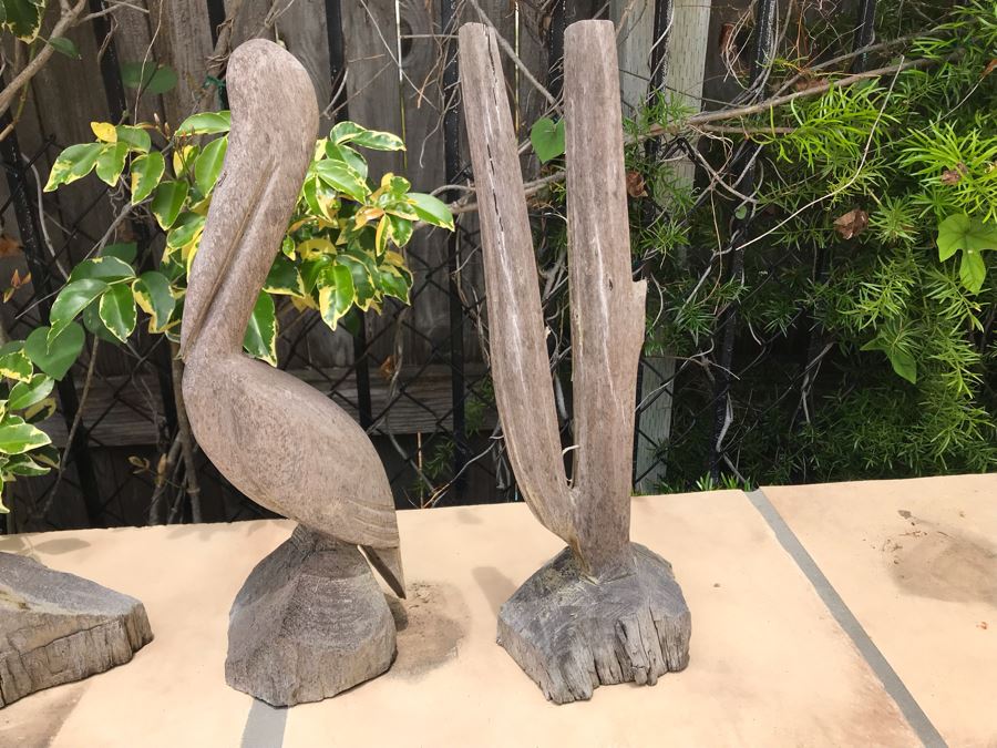Collection Of Carved Wooden Sculptures: Pelicans, Dolphin, Sailfish And Cactus 14H-20H [Photo 2]