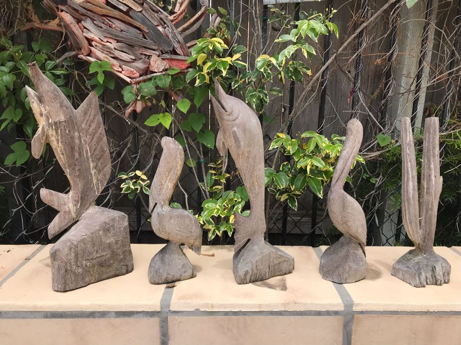 Collection Of Carved Wooden Sculptures: Pelicans, Dolphin, Sailfish And Cactus 14H-20H [Photo 3]