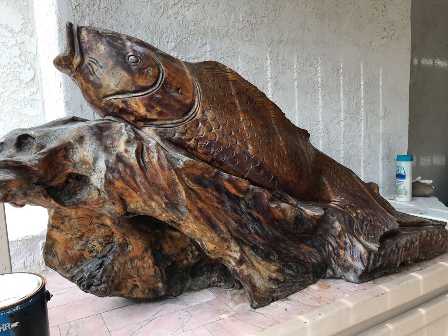 Huge Hand Carved Wooden Tree Root Burl Wood Asian Carp Koi Fish Sculpture 4'8'L X 17'W X 29'H [Photo 10]