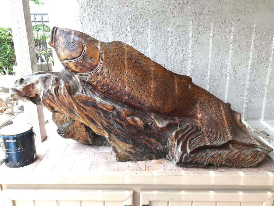 Huge Hand Carved Wooden Tree Root Burl Wood Asian Carp Koi Fish Sculpture 4'8'L X 17'W X 29'H