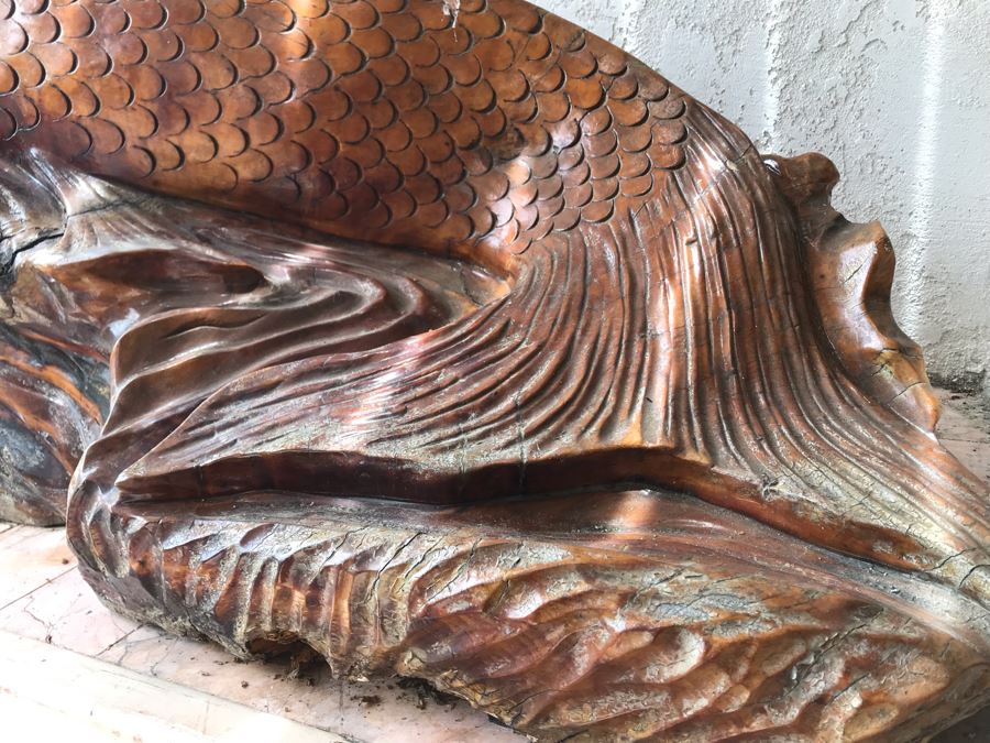 Huge Hand Carved Wooden Tree Root Burl Wood Asian Carp Koi Fish Sculpture 4'8'L X 17'W X 29'H [Photo 5]