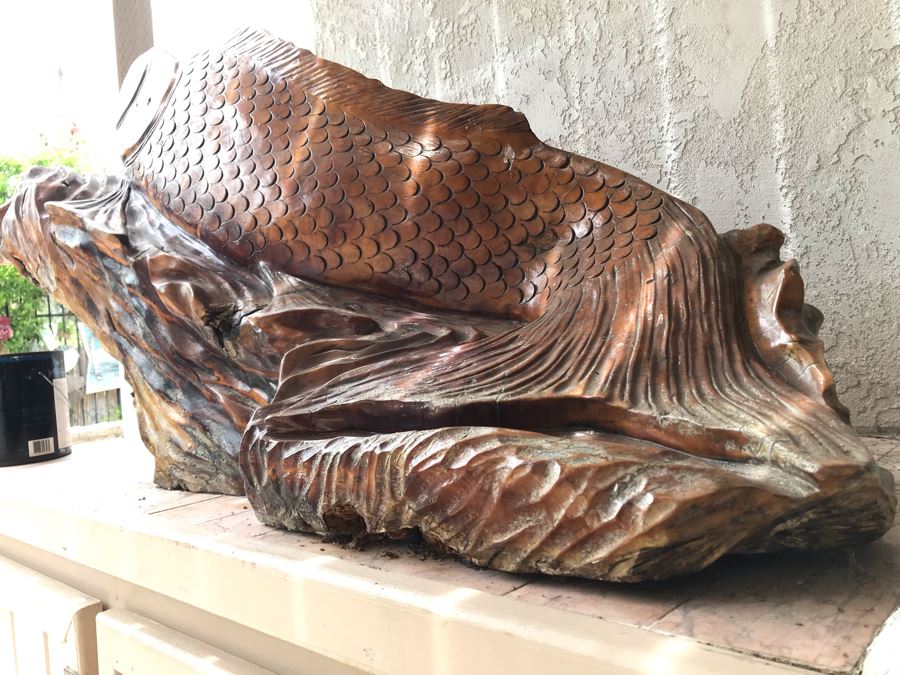 Huge Hand Carved Wooden Tree Root Burl Wood Asian Carp Koi Fish Sculpture 4'8'L X 17'W X 29'H [Photo 7]