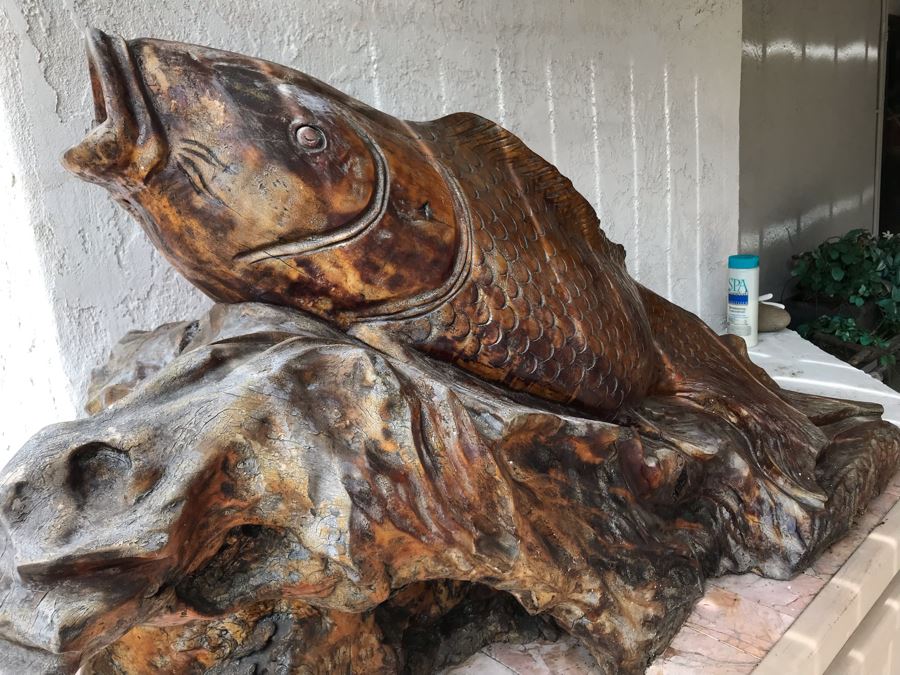 Huge Hand Carved Wooden Tree Root Burl Wood Asian Carp Koi Fish Sculpture 4'8'L X 17'W X 29'H [Photo 15]