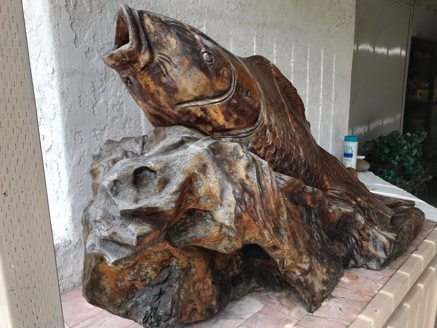 Huge Hand Carved Wooden Tree Root Burl Wood Asian Carp Koi Fish Sculpture 4'8'L X 17'W X 29'H [Photo 9]