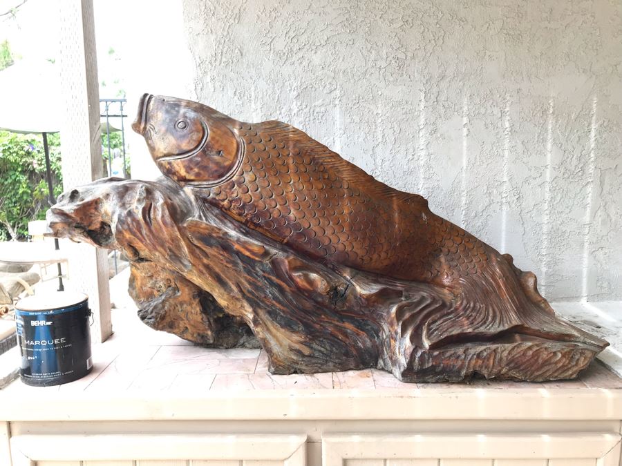 Huge Hand Carved Wooden Tree Root Burl Wood Asian Carp Koi Fish Sculpture 4'8'L X 17'W X 29'H [Photo 3]