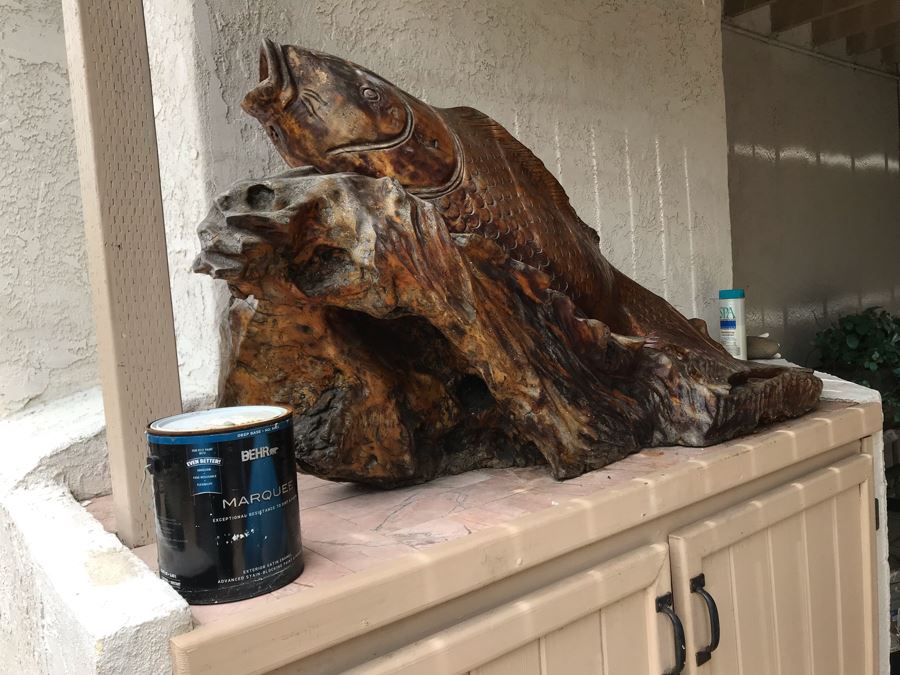 Huge Hand Carved Wooden Tree Root Burl Wood Asian Carp Koi Fish Sculpture 4'8'L X 17'W X 29'H [Photo 16]
