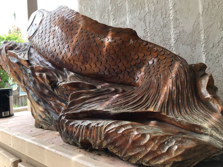 Huge Hand Carved Wooden Tree Root Burl Wood Asian Carp Koi Fish Sculpture 4'8'L X 17'W X 29'H [Photo 6]