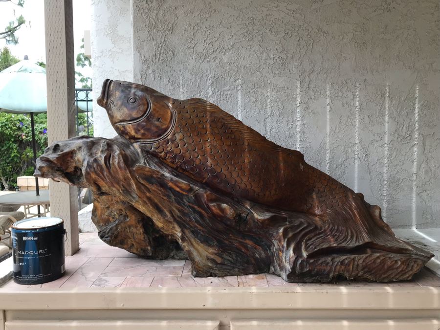 Huge Hand Carved Wooden Tree Root Burl Wood Asian Carp Koi Fish Sculpture 4'8'L X 17'W X 29'H [Photo 4]