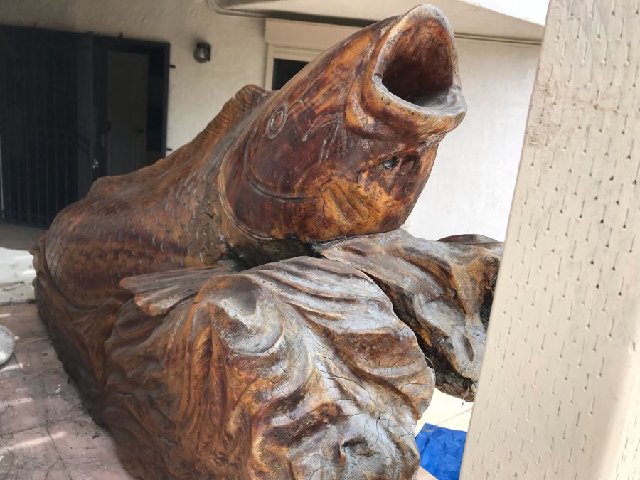 Huge Hand Carved Wooden Tree Root Burl Wood Asian Carp Koi Fish Sculpture 4'8'L X 17'W X 29'H [Photo 11]