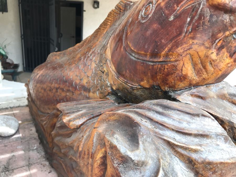 Huge Hand Carved Wooden Tree Root Burl Wood Asian Carp Koi Fish Sculpture 4'8'L X 17'W X 29'H [Photo 14]