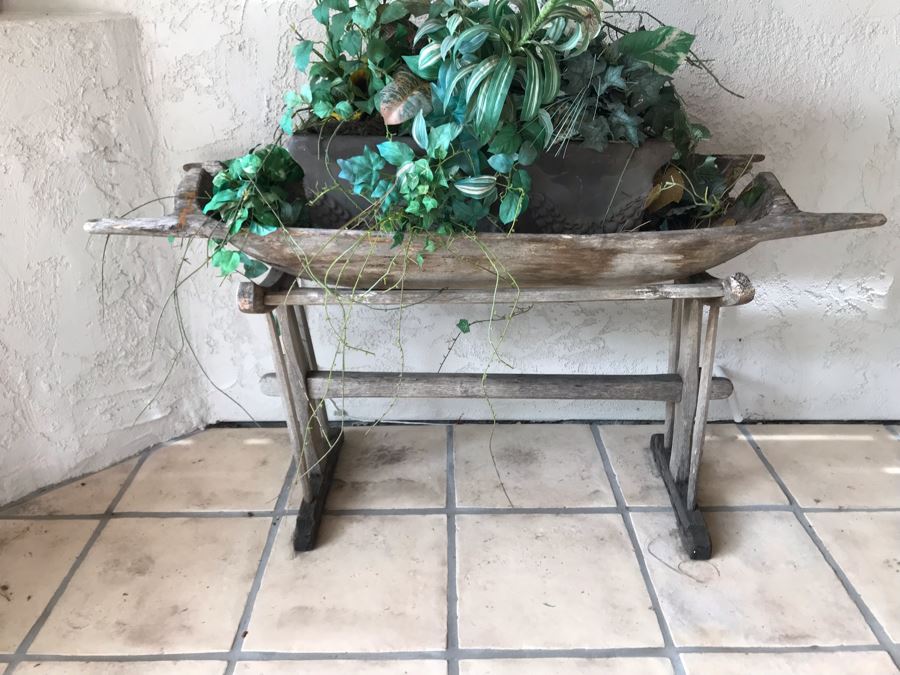 Primitive Dough Bowl Trough With Handles On Stand Plant Planter 55W X 21D X 29H [Photo 6]
