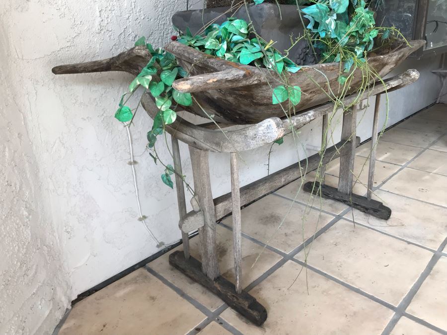 Primitive Dough Bowl Trough With Handles On Stand Plant Planter 55W X 21D X 29H [Photo 3]