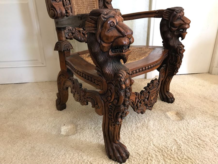 Large Carved Wooden Kings Throne Chair Gothic With Cane Seat And Back Made In Indonesia 36W X 26D X 70H [Photo 15]