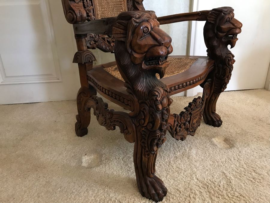 Large Carved Wooden Kings Throne Chair Gothic With Cane Seat And Back Made In Indonesia 36W X 26D X 70H [Photo 14]