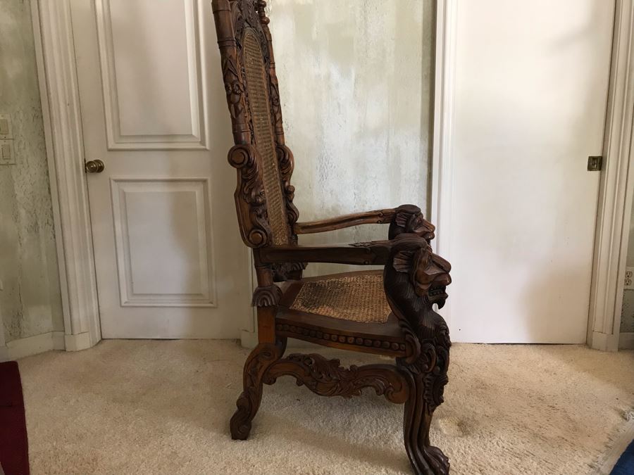 Large Carved Wooden Kings Throne Chair Gothic With Cane Seat And Back Made In Indonesia 36W X 26D X 70H [Photo 18]