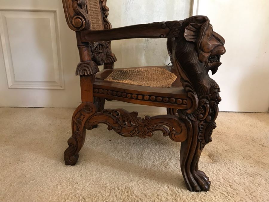 Large Carved Wooden Kings Throne Chair Gothic With Cane Seat And Back Made In Indonesia 36W X 26D X 70H [Photo 19]