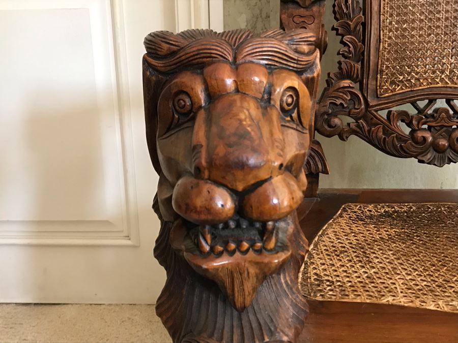 Large Carved Wooden Kings Throne Chair Gothic With Cane Seat And Back Made In Indonesia 36W X 26D X 70H [Photo 5]