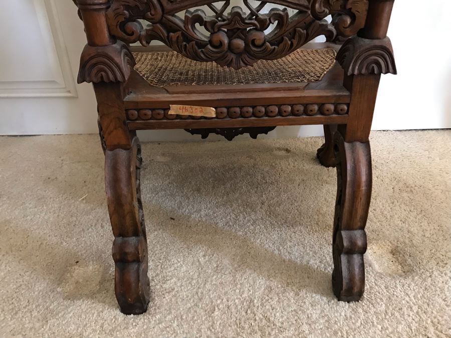 Large Carved Wooden Kings Throne Chair Gothic With Cane Seat And Back Made In Indonesia 36W X 26D X 70H [Photo 22]