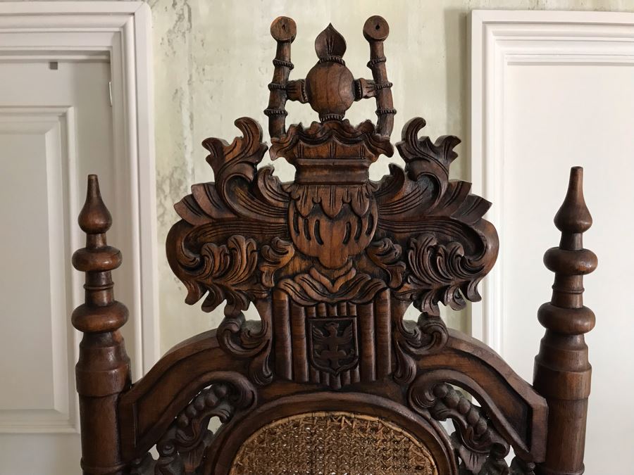 Large Carved Wooden Kings Throne Chair Gothic With Cane Seat And Back Made In Indonesia 36W X 26D X 70H [Photo 21]