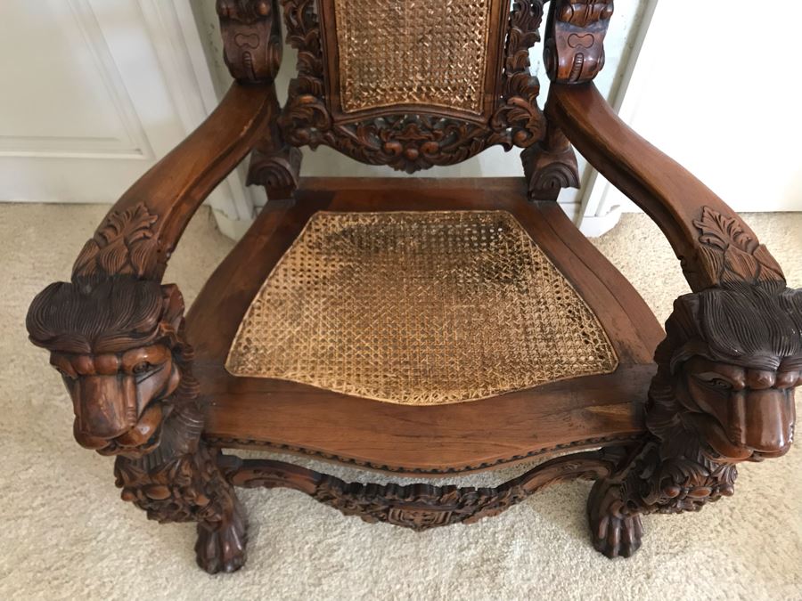 Large Carved Wooden Kings Throne Chair Gothic With Cane Seat And Back Made In Indonesia 36W X 26D X 70H [Photo 11]