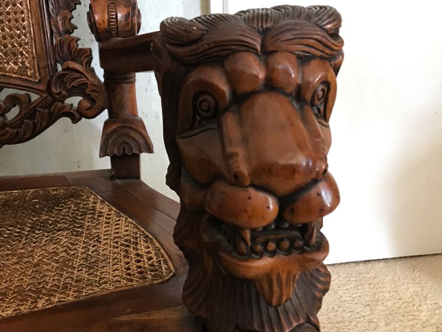 Large Carved Wooden Kings Throne Chair Gothic With Cane Seat And Back Made In Indonesia 36W X 26D X 70H [Photo 6]