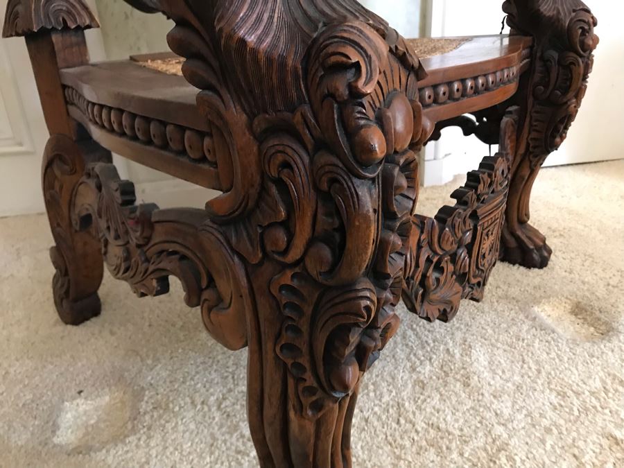 Large Carved Wooden Kings Throne Chair Gothic With Cane Seat And Back Made In Indonesia 36W X 26D X 70H [Photo 16]