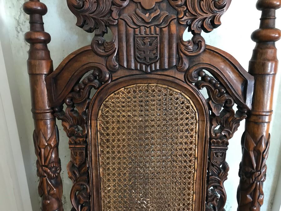 Large Carved Wooden Kings Throne Chair Gothic With Cane Seat And Back Made In Indonesia 36W X 26D X 70H [Photo 10]