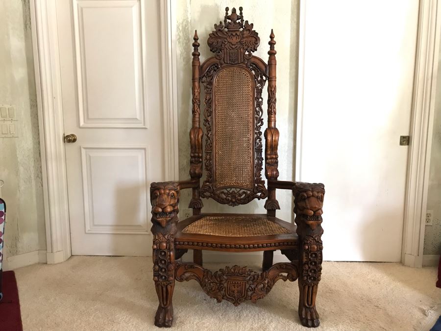 Large Carved Wooden Kings Throne Chair Gothic With Cane Seat And Back Made In Indonesia 36W X 26D X 70H [Photo 1]