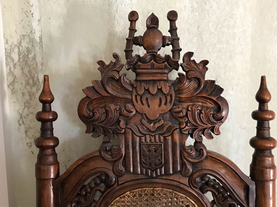 Large Carved Wooden Kings Throne Chair Gothic With Cane Seat And Back Made In Indonesia 36W X 26D X 70H [Photo 8]