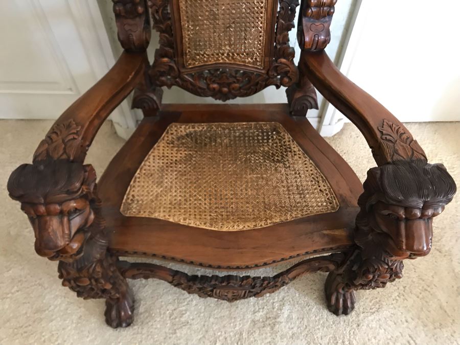 Large Carved Wooden Kings Throne Chair Gothic With Cane Seat And Back Made In Indonesia 36W X 26D X 70H [Photo 12]