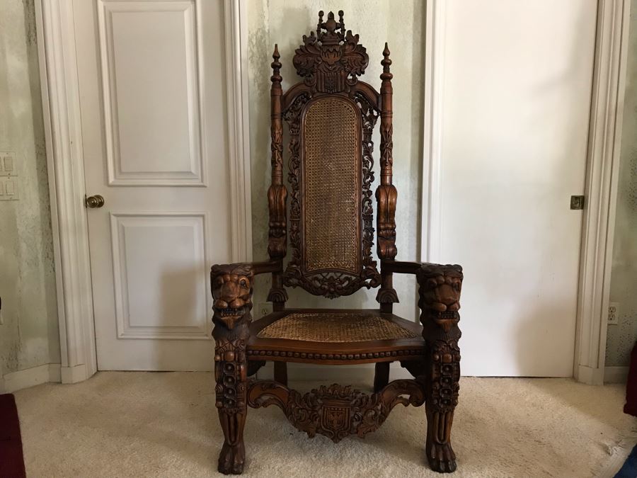 Large Carved Wooden Kings Throne Chair Gothic With Cane Seat And Back Made In Indonesia 36W X 26D X 70H [Photo 3]