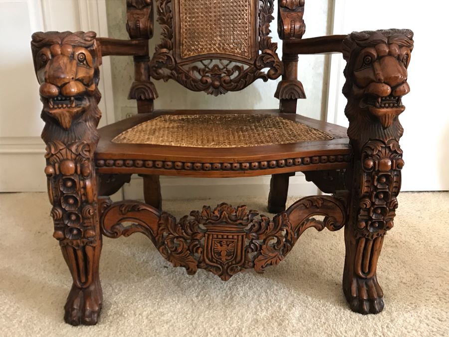Large Carved Wooden Kings Throne Chair Gothic With Cane Seat And Back