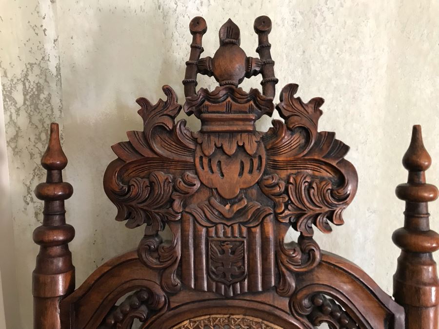 Large Carved Wooden Kings Throne Chair Gothic With Cane Seat And Back Made In Indonesia 36W X 26D X 70H [Photo 9]