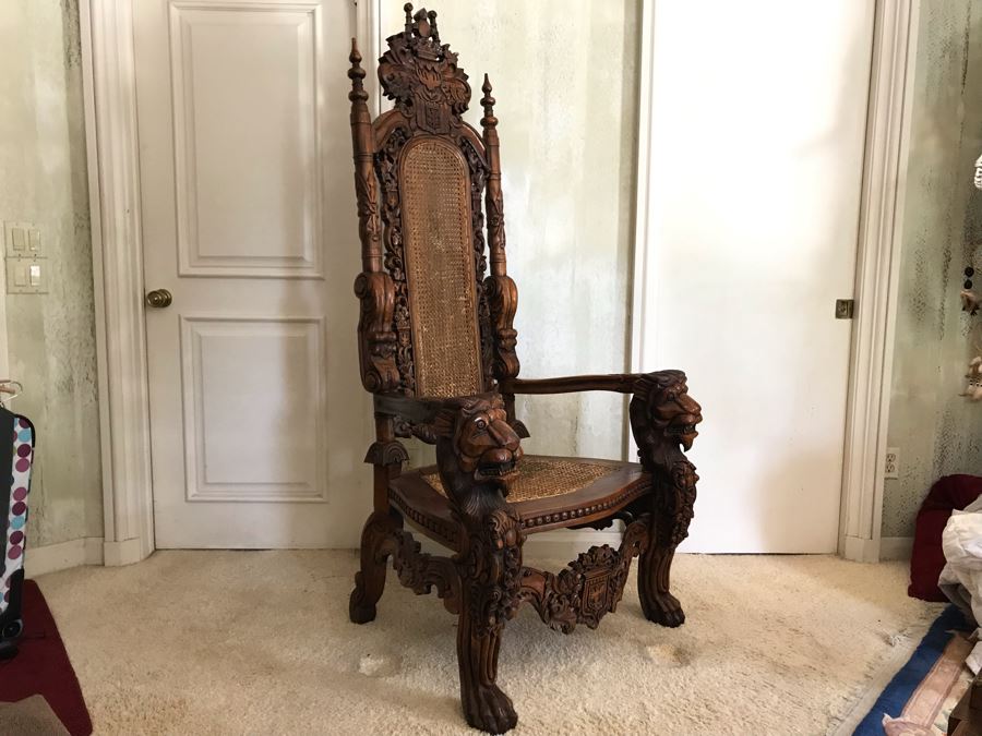 Large Carved Wooden Kings Throne Chair Gothic With Cane Seat And Back Made In Indonesia 36W X 26D X 70H [Photo 13]