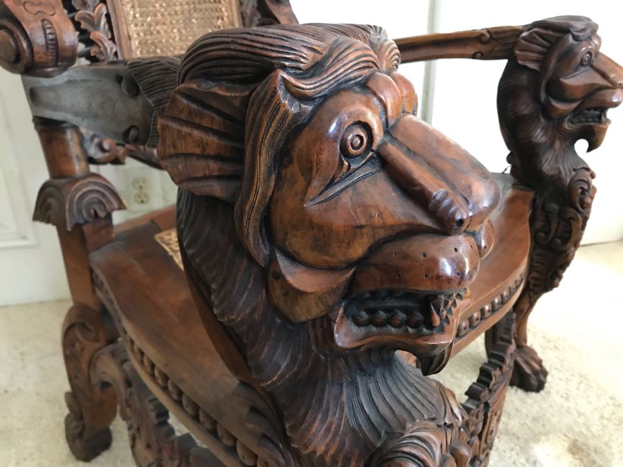 Large Carved Wooden Kings Throne Chair Gothic With Cane Seat And Back Made In Indonesia 36W X 26D X 70H [Photo 17]