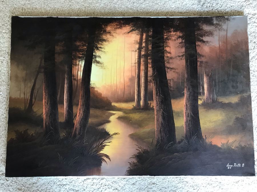 Original Amazing Lit Stream Through The Forest Painting By Jorge Prieto B 36 X 24 [Photo 1]
